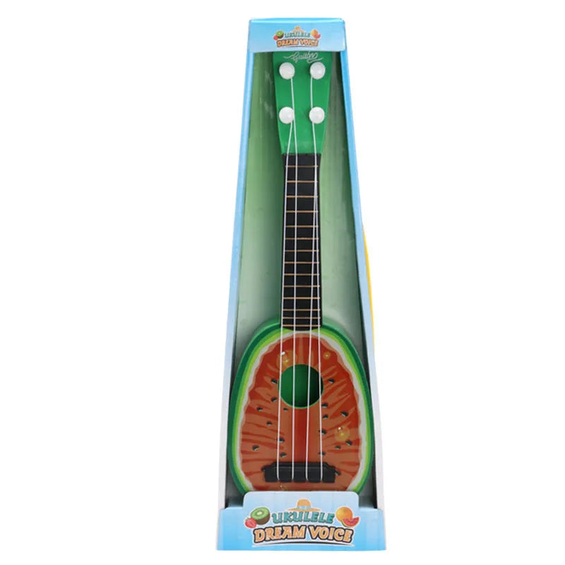 A white simulation ukulele toy for children, made from safety plastic.