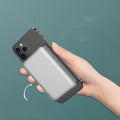 Silver all-aluminium magnetic wireless power bank showing USB-C port and dimensions 64mm by 96mm.