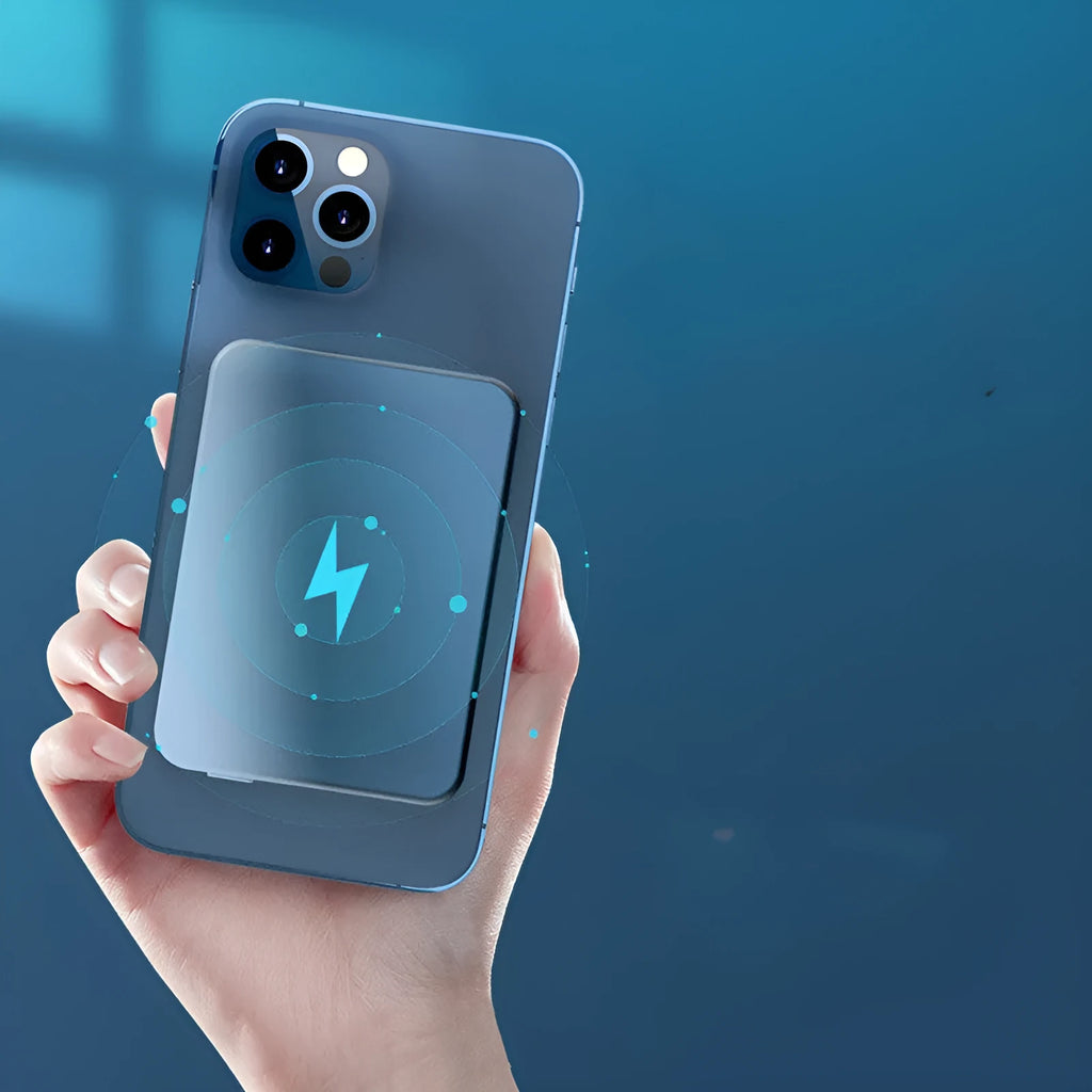 Silver all-aluminium magnetic wireless power bank showing USB-C port and dimensions 64mm by 96mm.