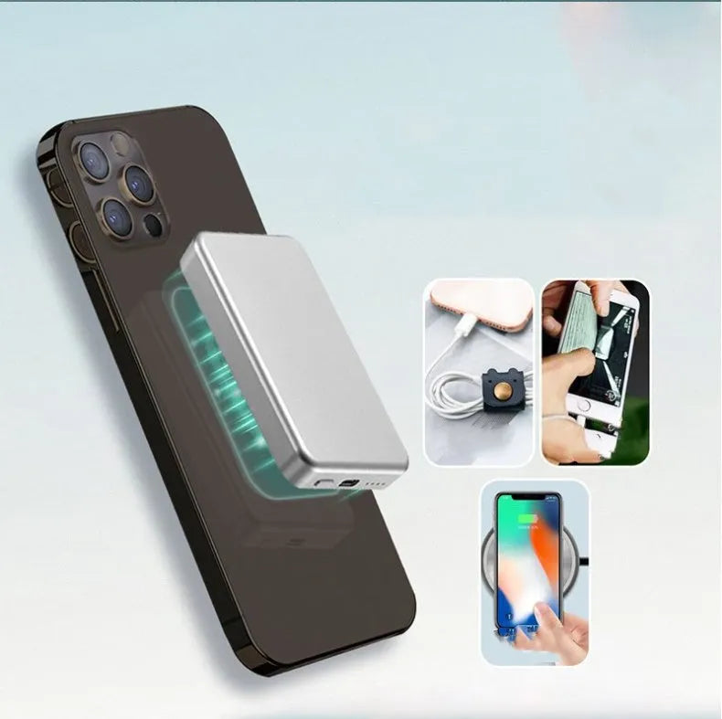 Silver all-aluminium magnetic wireless power bank showing USB-C port and dimensions 64mm by 96mm.