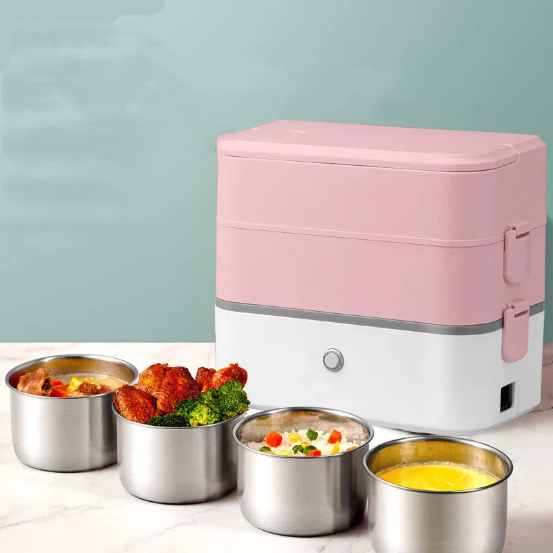 Double-layer portable heated lunch box with stainless steel liner in pink white colour option