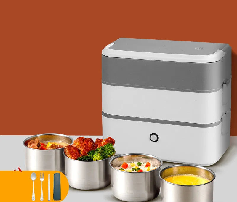 Double-layer portable heated lunch box with stainless steel liner in pink white colour option