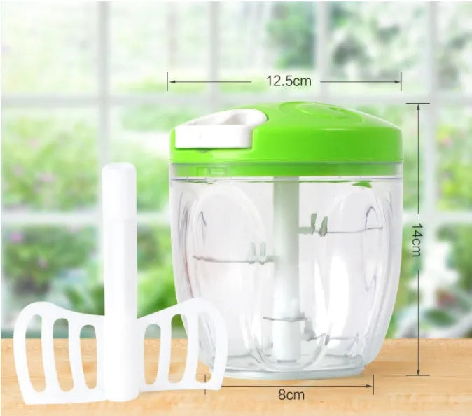 Green manual kitchen chopper with three stainless steel blades and a 500ml ABS container.