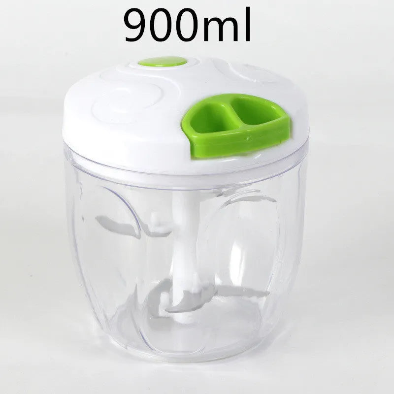 Green manual kitchen chopper with three stainless steel blades and a 500ml ABS container.