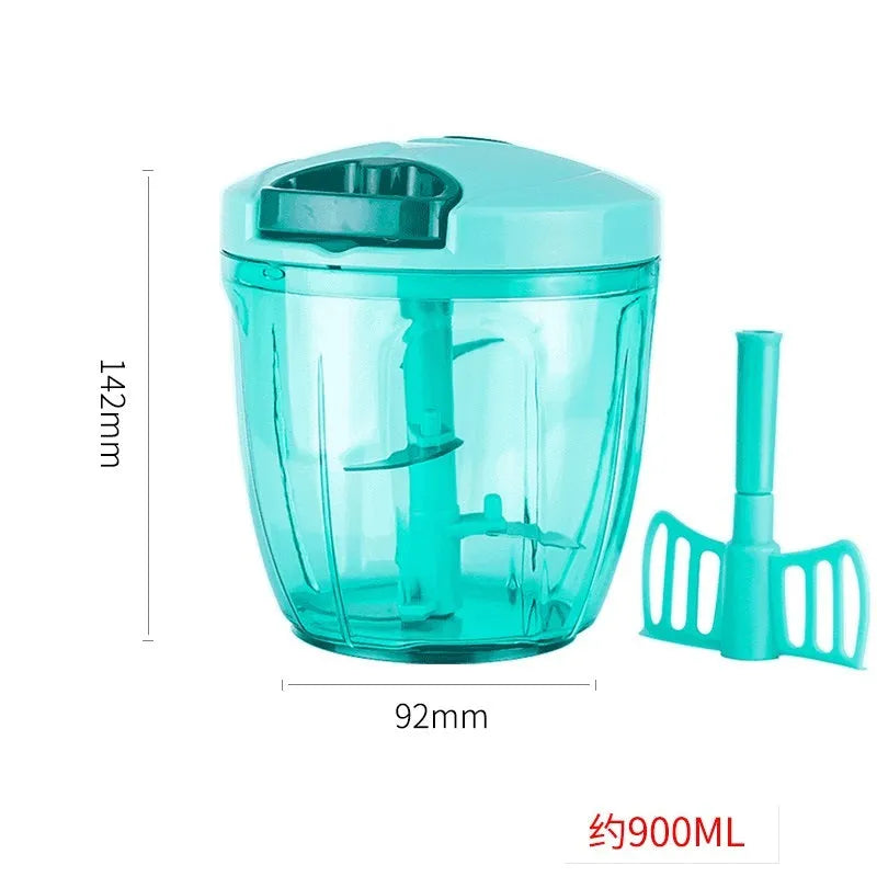 Green manual kitchen chopper with three stainless steel blades and a 500ml ABS container.