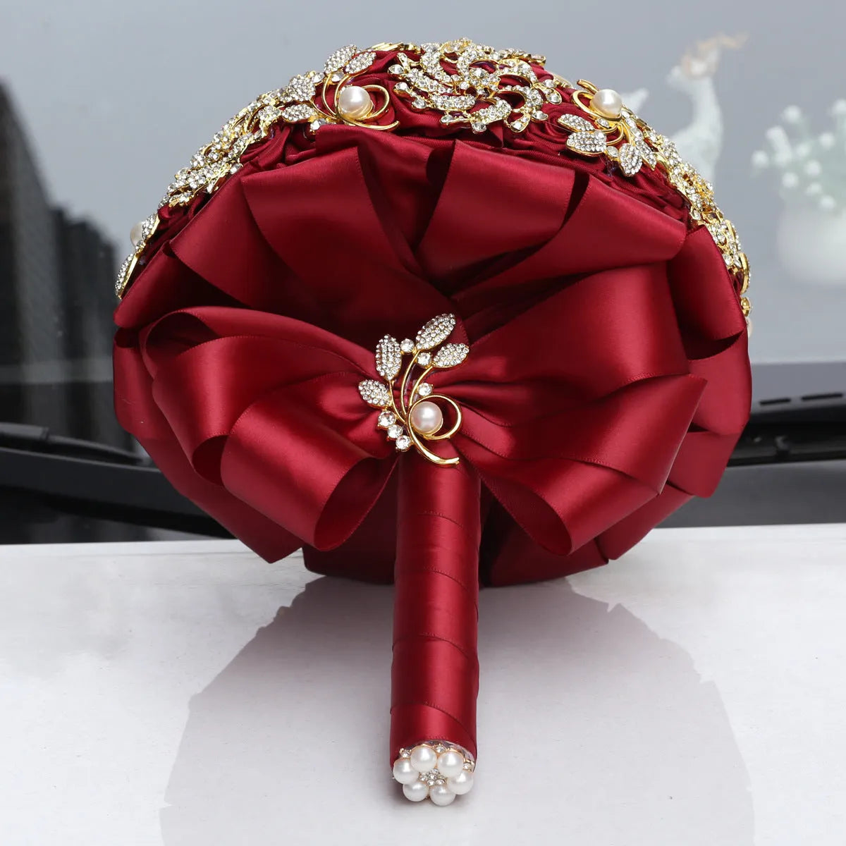 Gold diamond rhinestone bridal bouquet burgundy handmade foam ball ribbon pearl 18cm