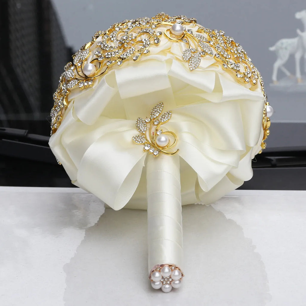 Gold diamond rhinestone bridal bouquet burgundy handmade foam ball ribbon pearl 18cm