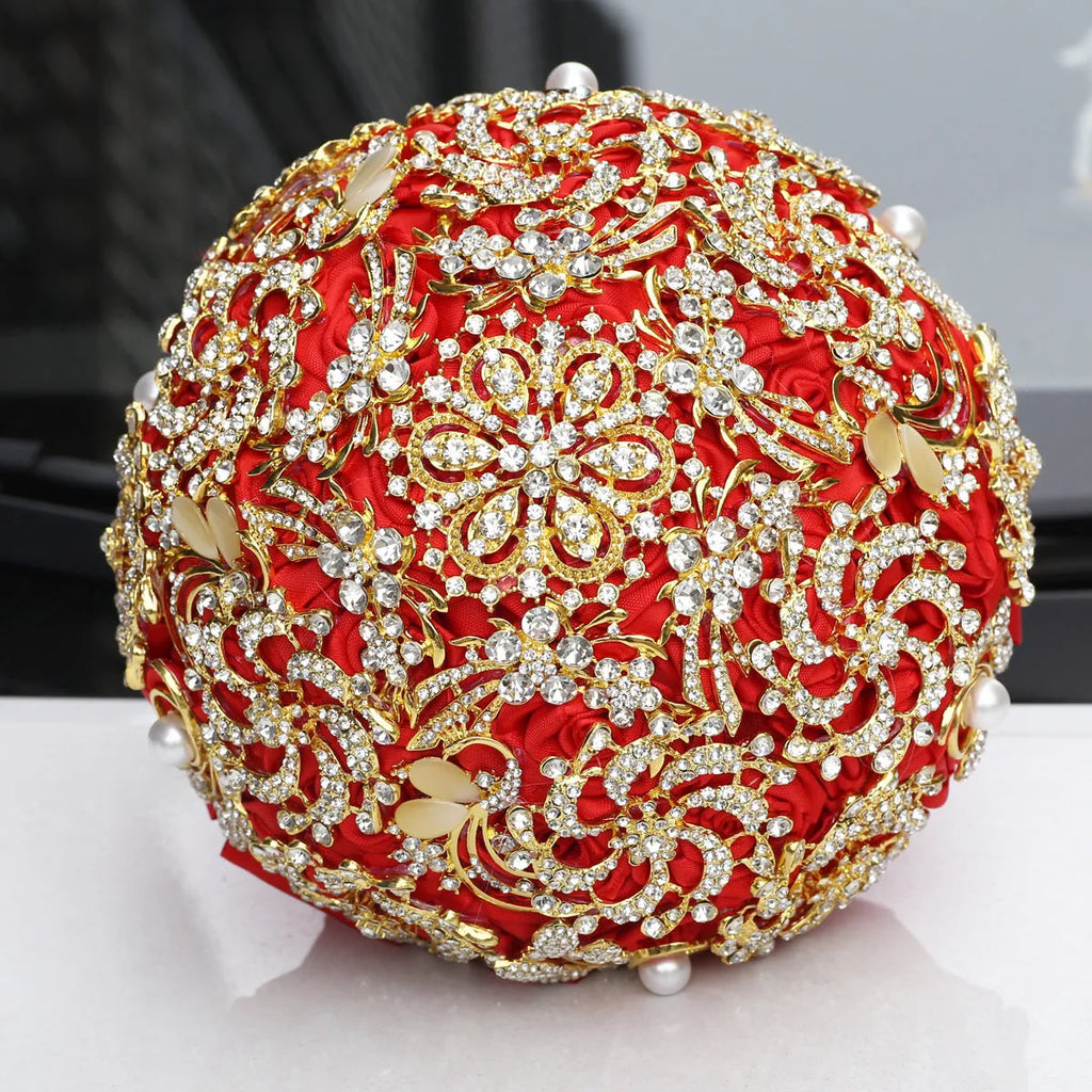 Gold diamond rhinestone bridal bouquet burgundy handmade foam ball ribbon pearl 18cm