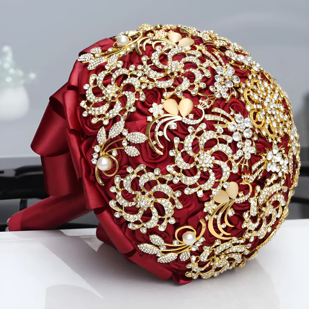 Gold diamond rhinestone bridal bouquet burgundy handmade foam ball ribbon pearl 18cm