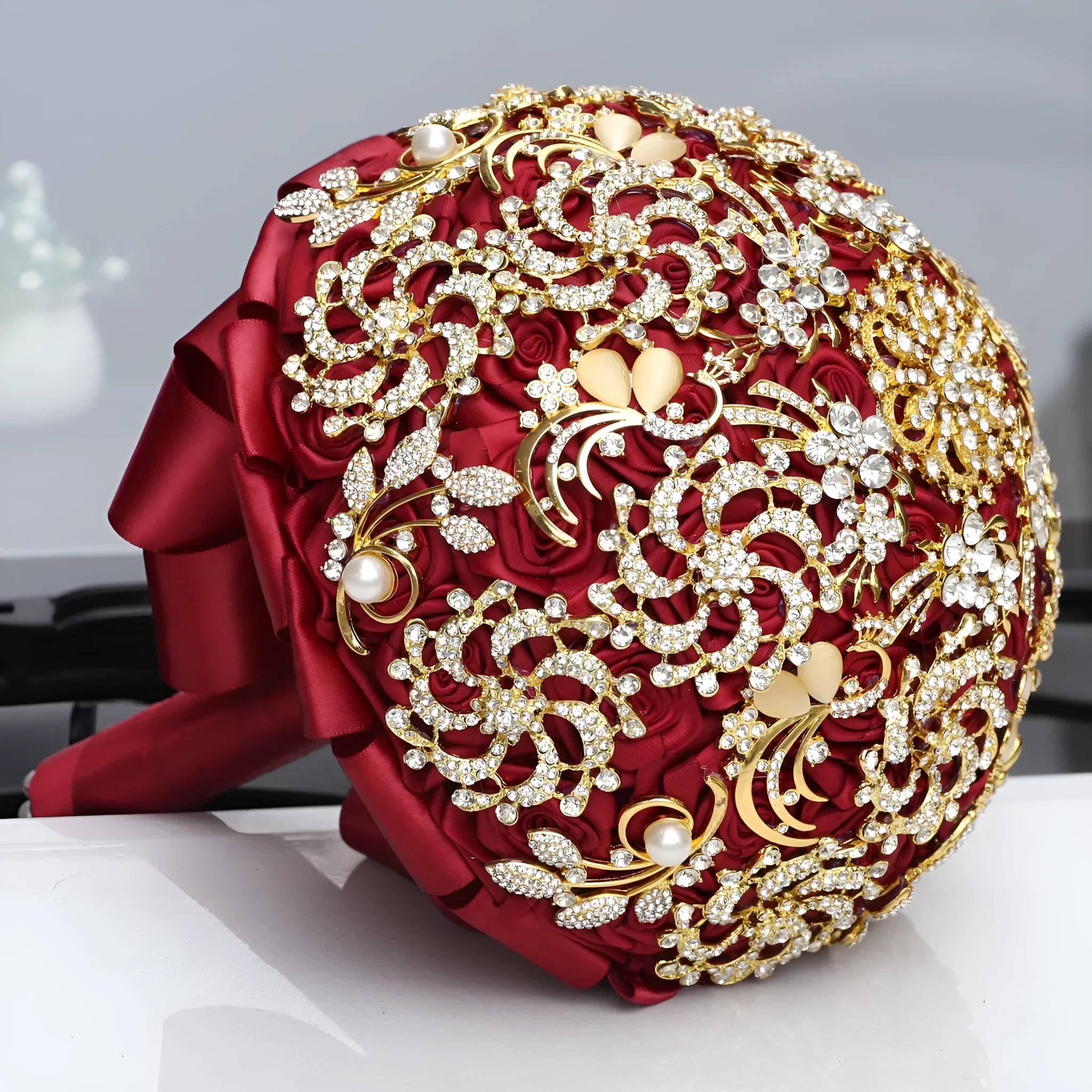 Gold diamond rhinestone bridal bouquet burgundy handmade foam ball ribbon pearl 18cm