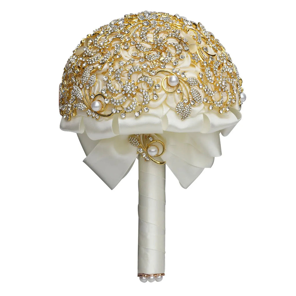Gold diamond rhinestone bridal bouquet burgundy handmade foam ball ribbon pearl 18cm