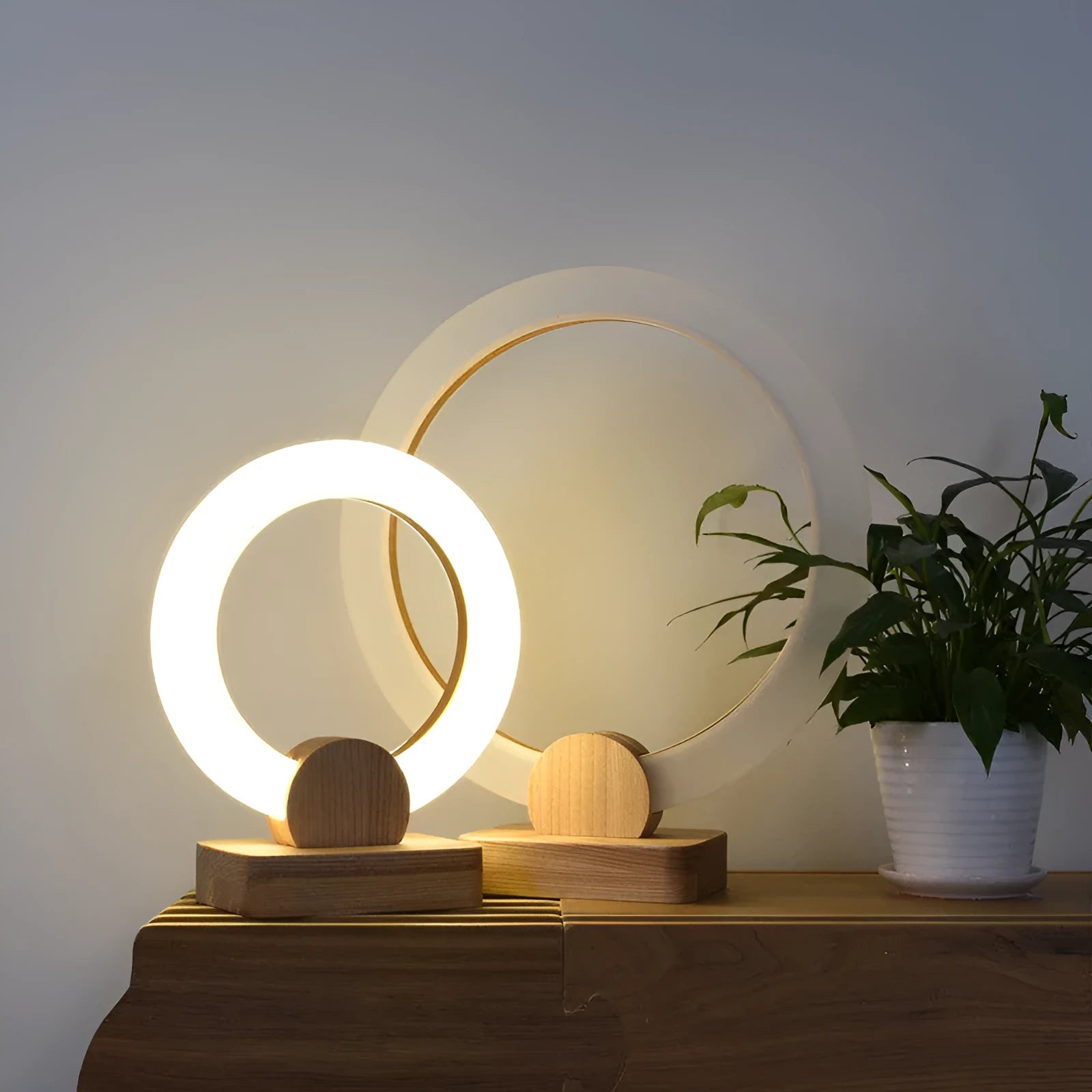 Wooden circular chandelier with acrylic shade in Nordic style for living room illumination