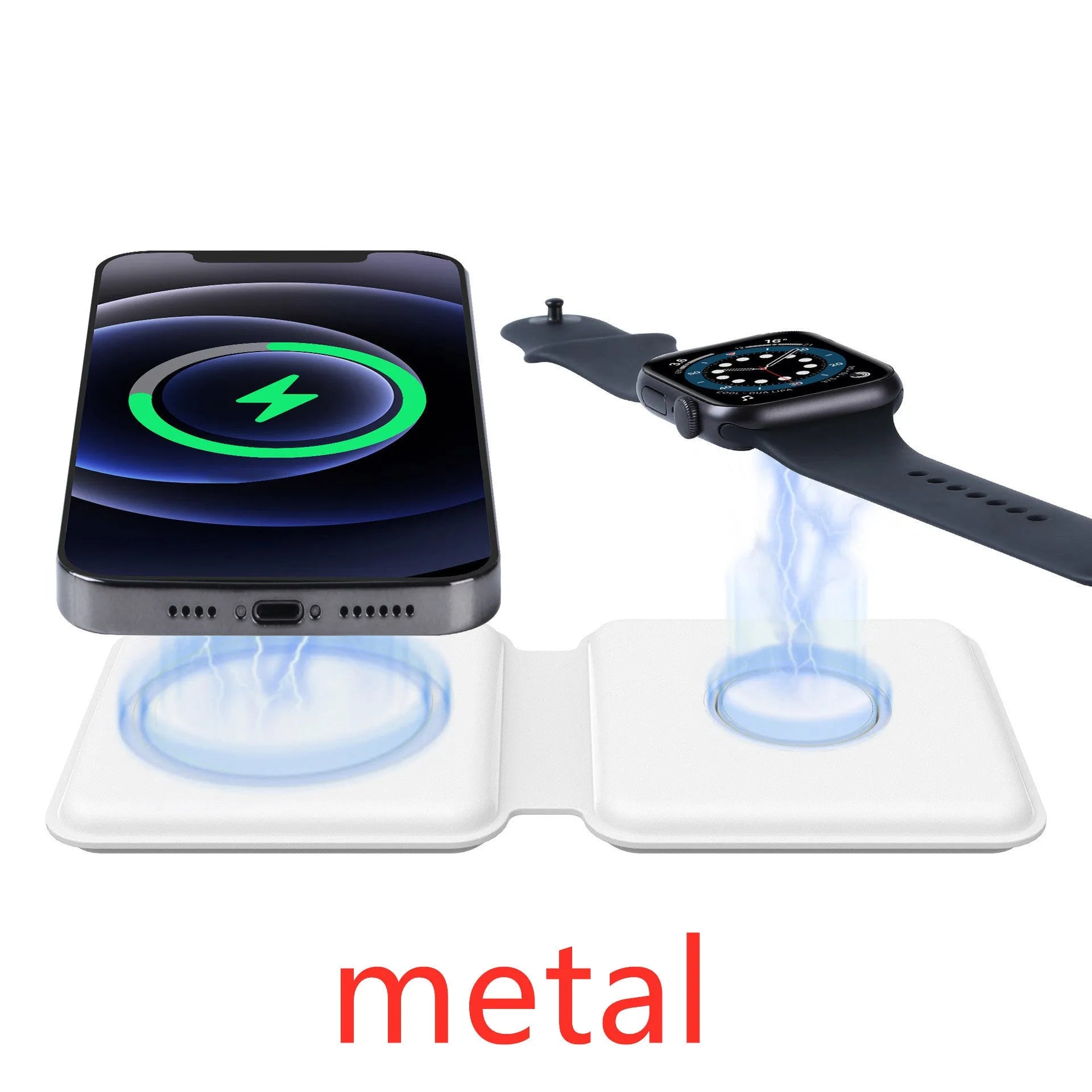 White foldable dual magnetic wireless charging dock showing 180° folding mechanism and Type-C port