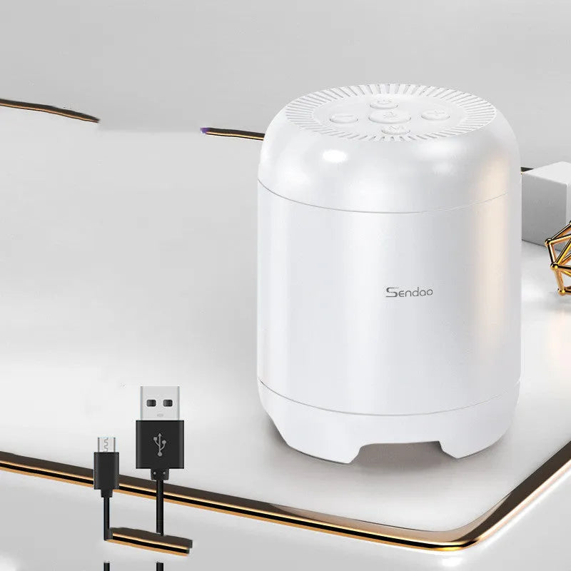 Wireless Bluetooth speaker with compact 90x73x73mm dimensions showing USB port and card slot