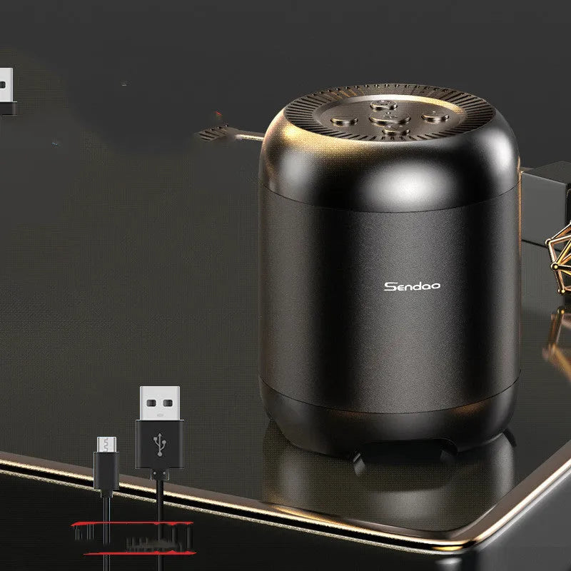 Wireless Bluetooth speaker with compact 90x73x73mm dimensions showing USB port and card slot