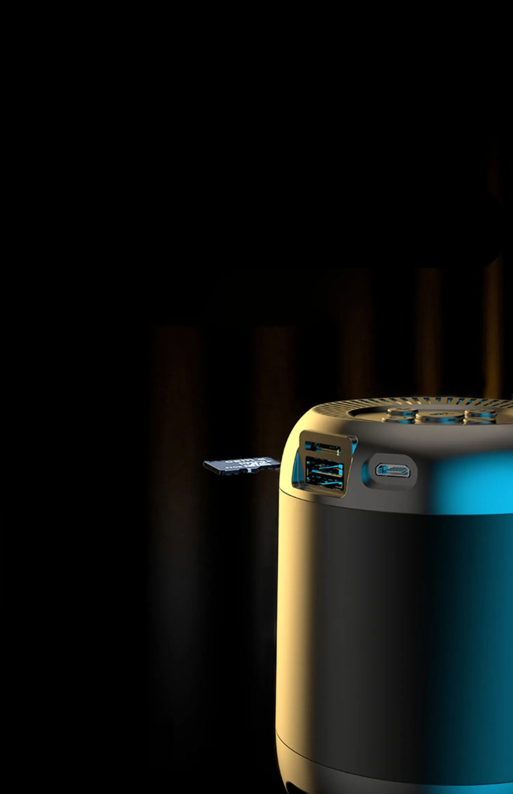 Wireless Bluetooth speaker with compact 90x73x73mm dimensions showing USB port and card slot