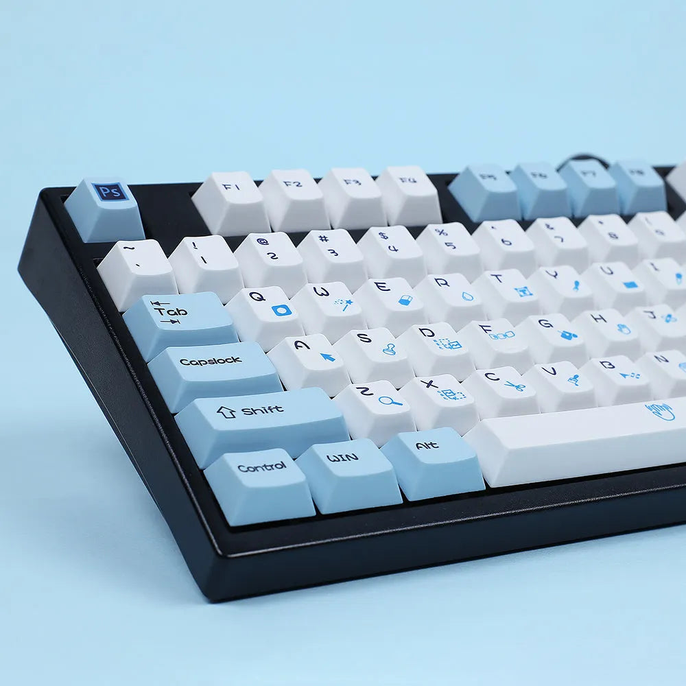 PS theme keycap set showing blue and white sublimation printed 108-key layout for custom keyboard builds