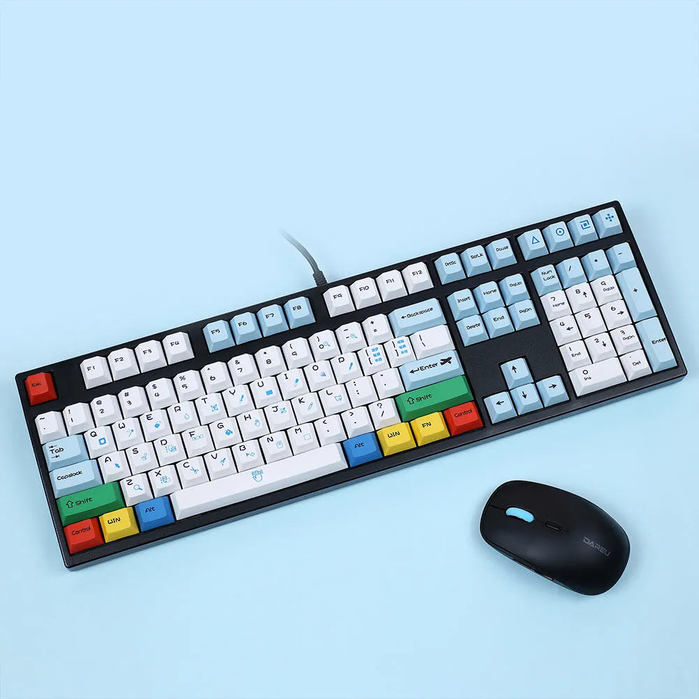 PS theme keycap set showing blue and white sublimation printed 108-key layout for custom keyboard builds