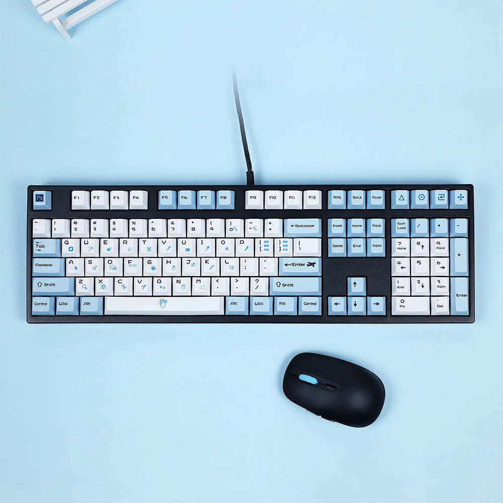 PS theme keycap set showing blue and white sublimation printed 108-key layout for custom keyboard builds