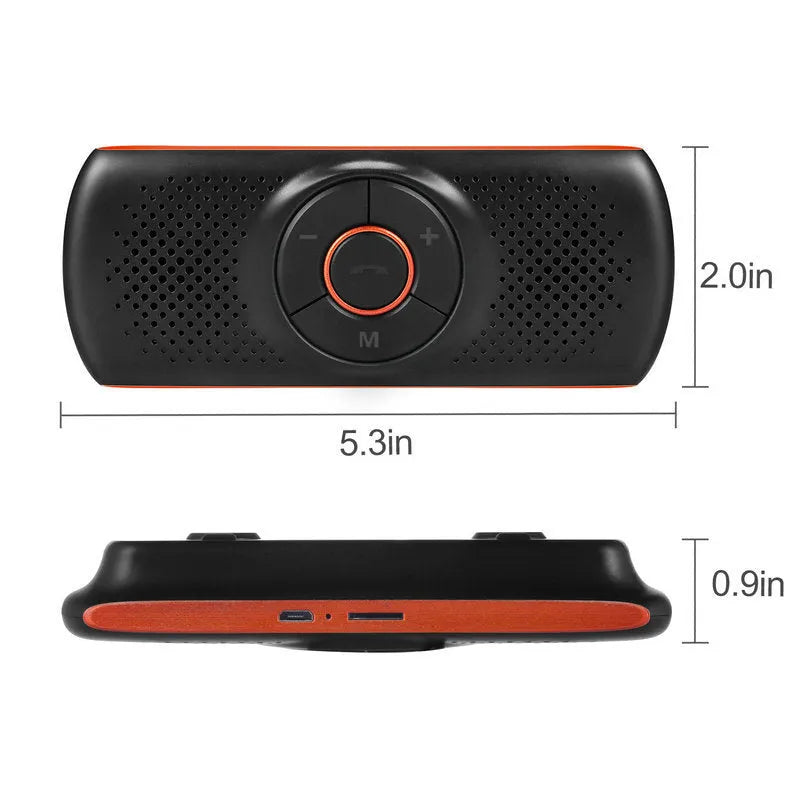 Orange plastic Bluetooth car hands-free speaker mounted on vehicle sun visor