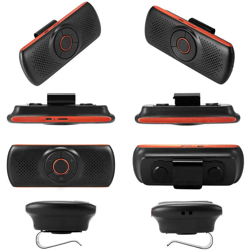 Orange plastic Bluetooth car hands-free speaker mounted on vehicle sun visor