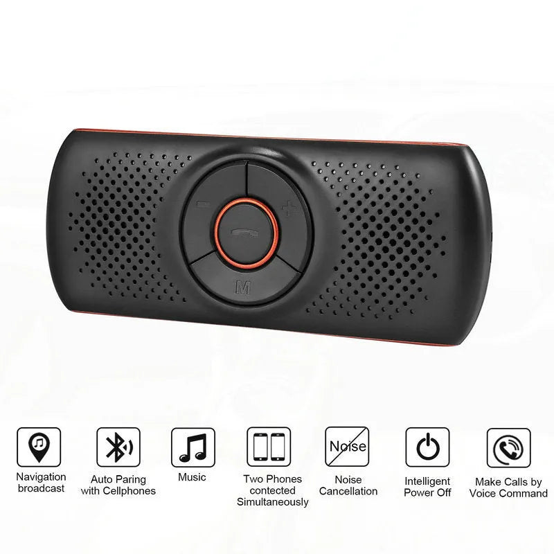 Orange plastic Bluetooth car hands-free speaker mounted on vehicle sun visor