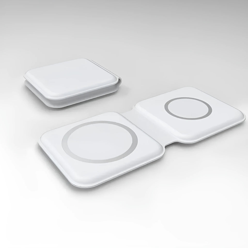 White foldable dual magnetic wireless charging dock showing 180° folding mechanism and Type-C port