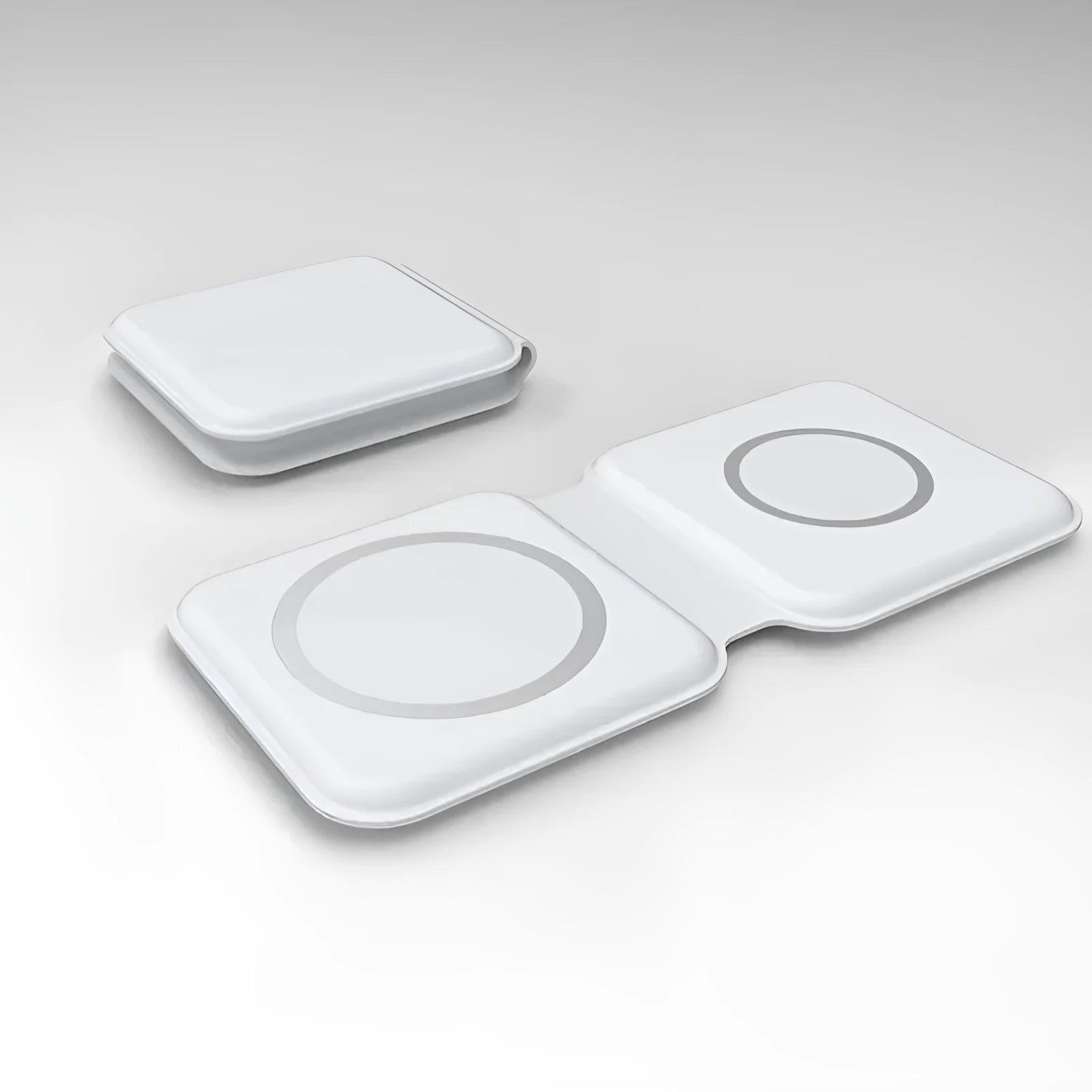 White foldable dual magnetic wireless charging dock showing 180° folding mechanism and Type-C port
