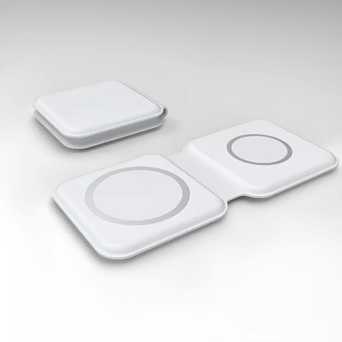 White foldable dual magnetic wireless charging dock showing 180° folding mechanism and Type-C port