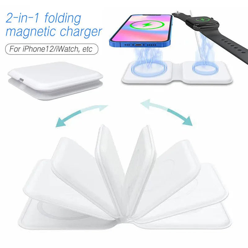 White foldable dual magnetic wireless charging dock showing 180° folding mechanism and Type-C port
