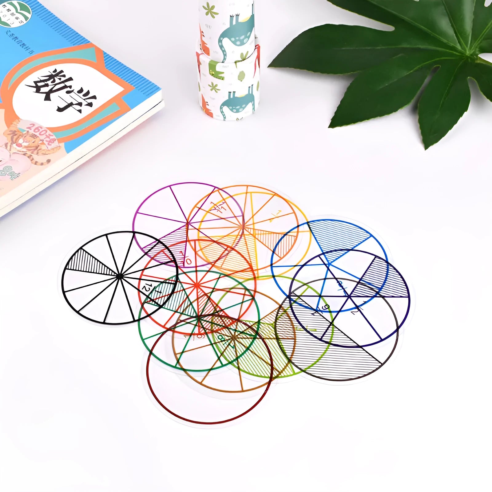 Fraction teaching aids set with magnetic blocks, transparent rulers, and activity corners on a desk.