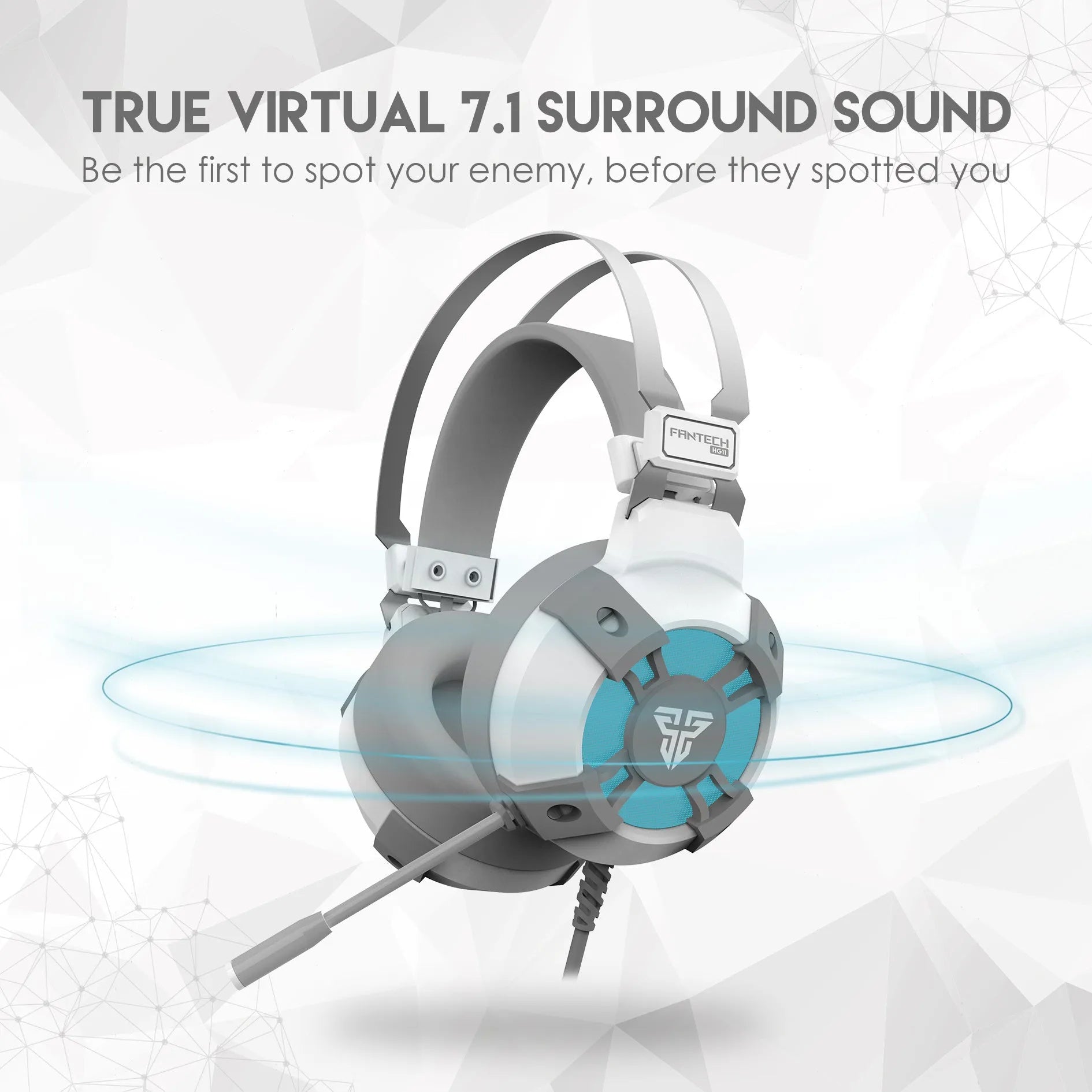 Black FANTECH HG11 USB gaming headset with RGB lights on the earcups and a 2.1m cable with inline remote.