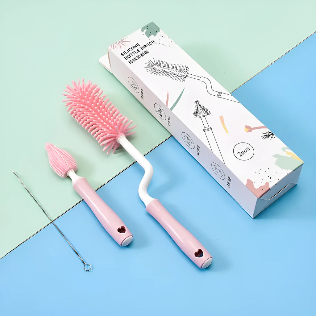 Silicone baby bottle brush set with straw cleaning brush in pink, blue, and yellow colours