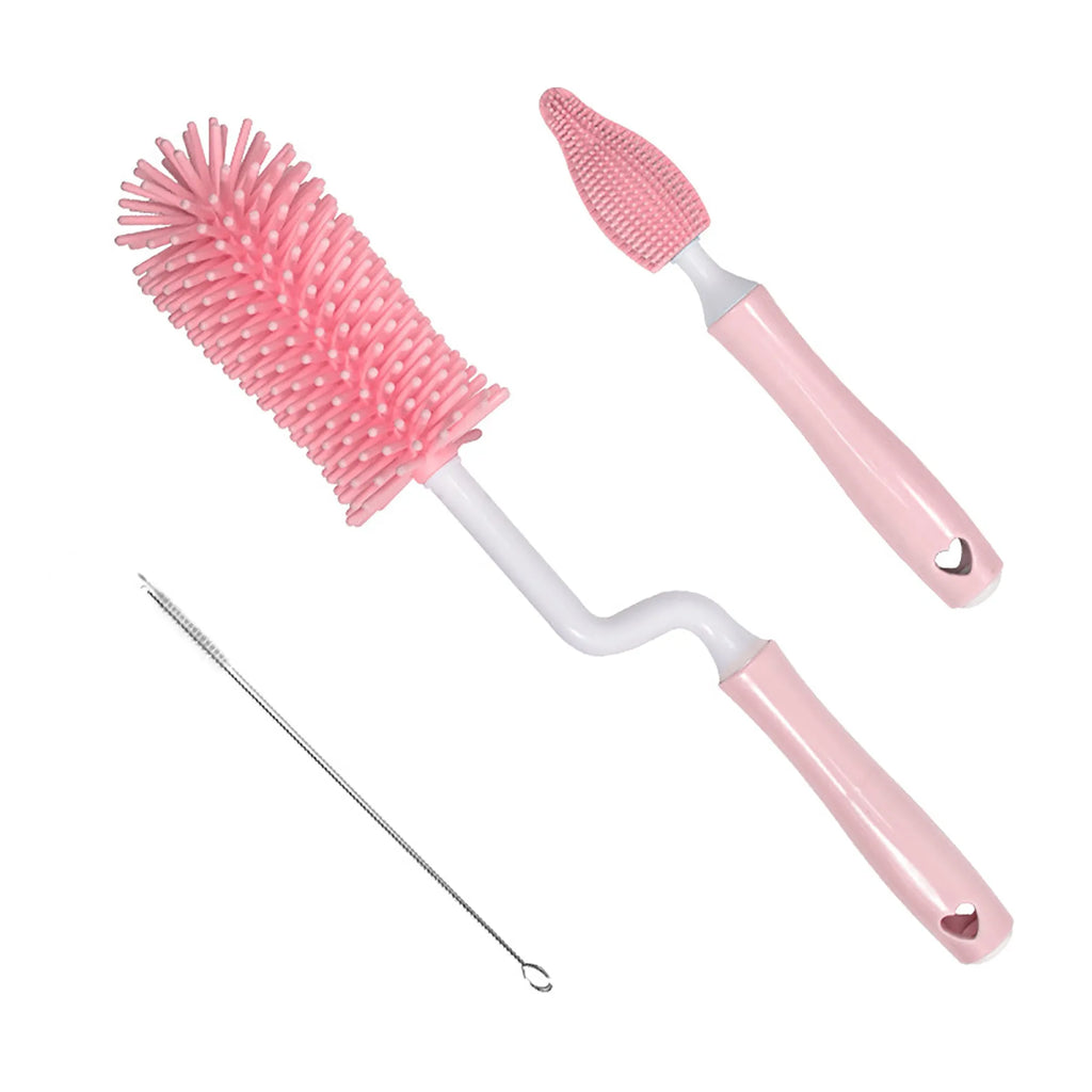 Silicone baby bottle brush set with straw cleaning brush in pink, blue, and yellow colours