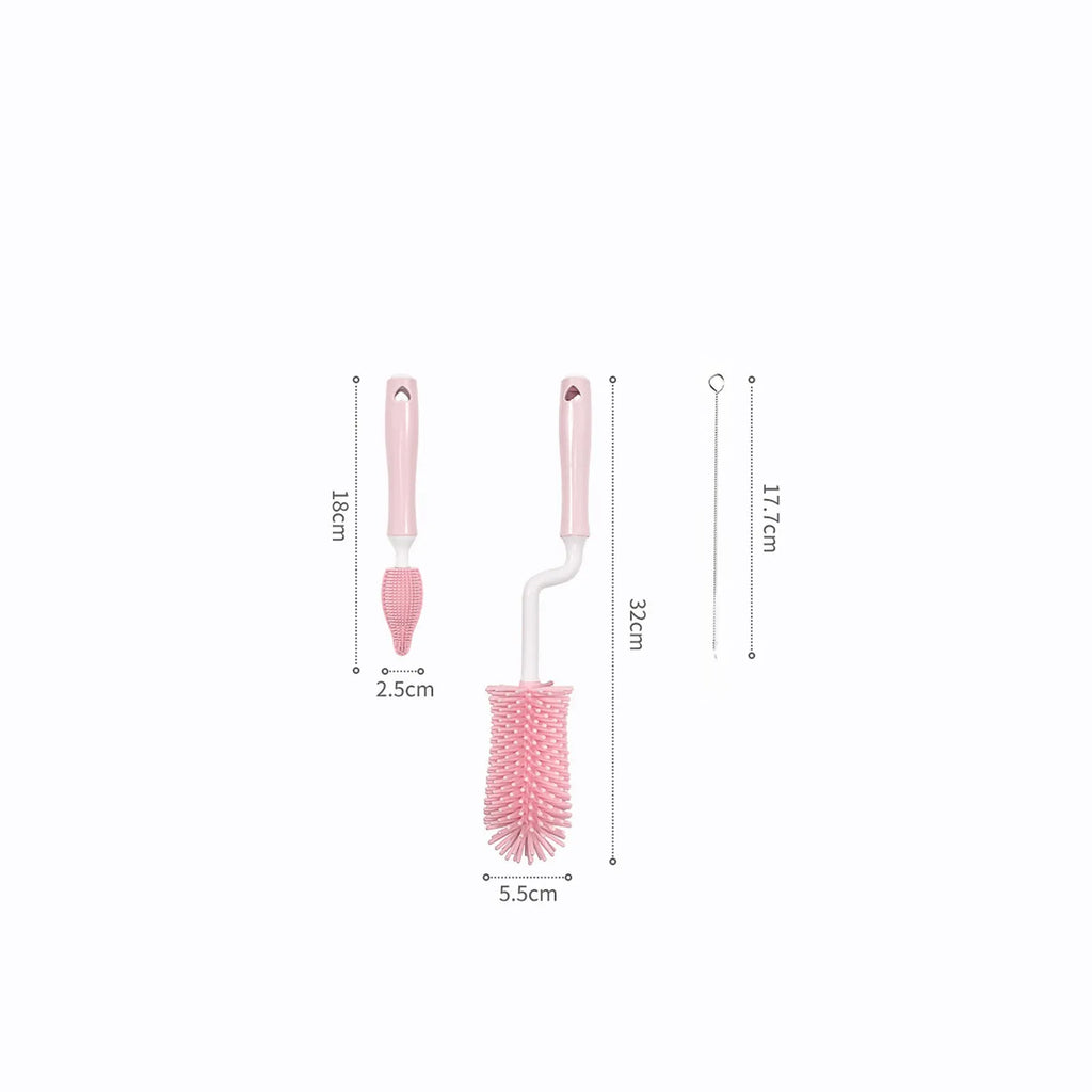 Silicone baby bottle brush set with straw cleaning brush in pink, blue, and yellow colours