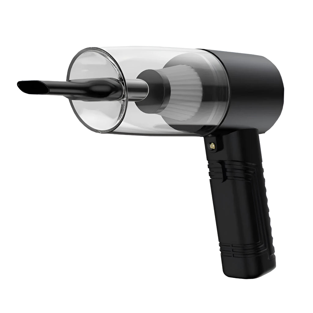 Car vacuum cleaner with black ABS shell and multiple suction attachments displayed with 5 metre power cord