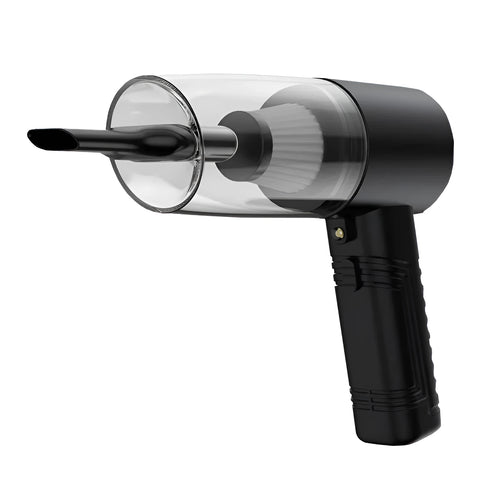 Car vacuum cleaner with black ABS shell and multiple suction attachments displayed with 5 metre power cord