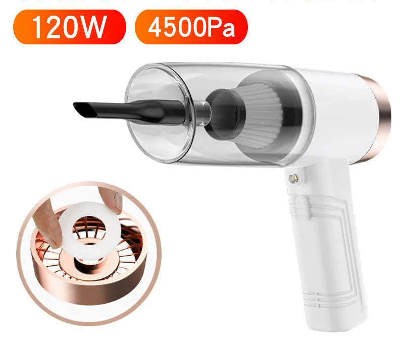 Car vacuum cleaner with black ABS shell and multiple suction attachments displayed with 5 metre power cord