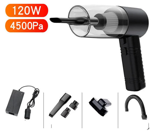 Car vacuum cleaner with black ABS shell and multiple suction attachments displayed with 5 metre power cord