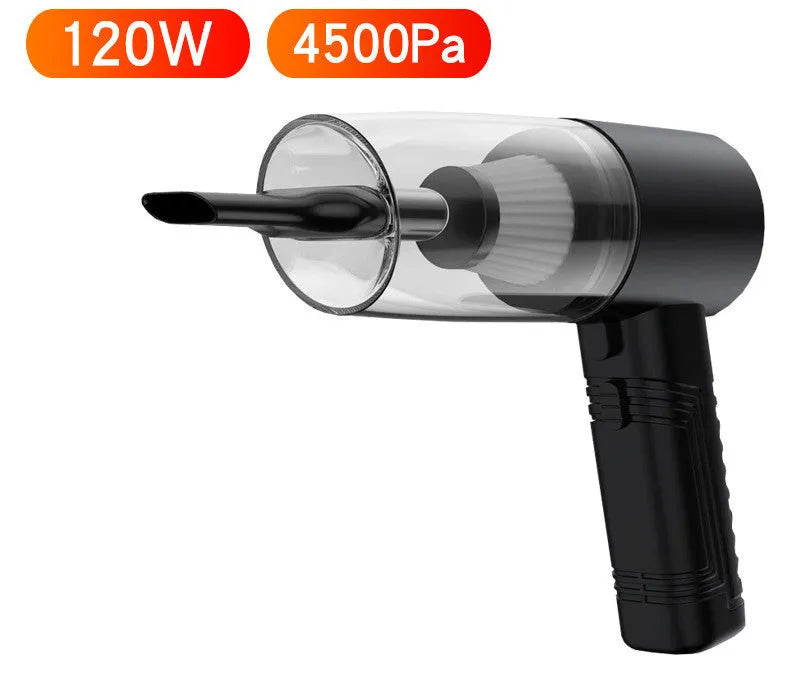 Car vacuum cleaner with black ABS shell and multiple suction attachments displayed with 5 metre power cord
