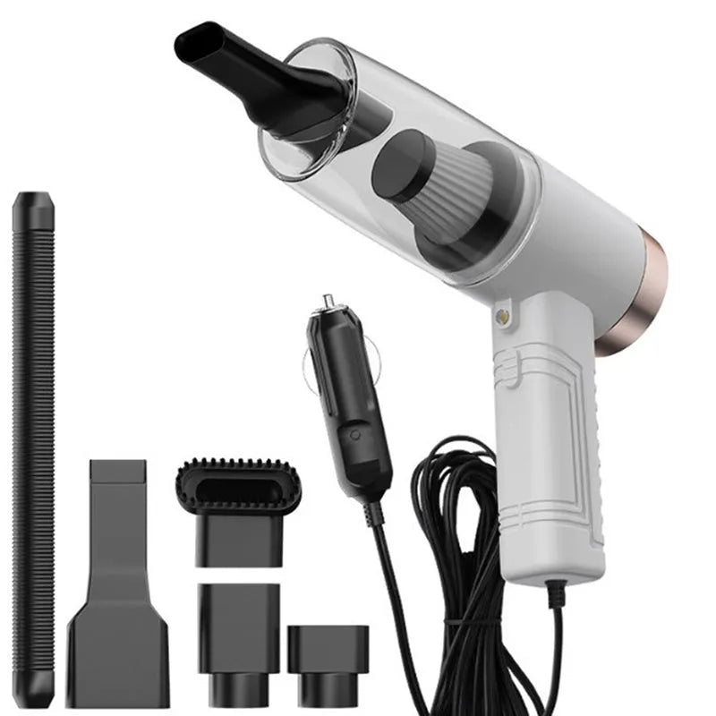 Car vacuum cleaner with black ABS shell and multiple suction attachments displayed with 5 metre power cord