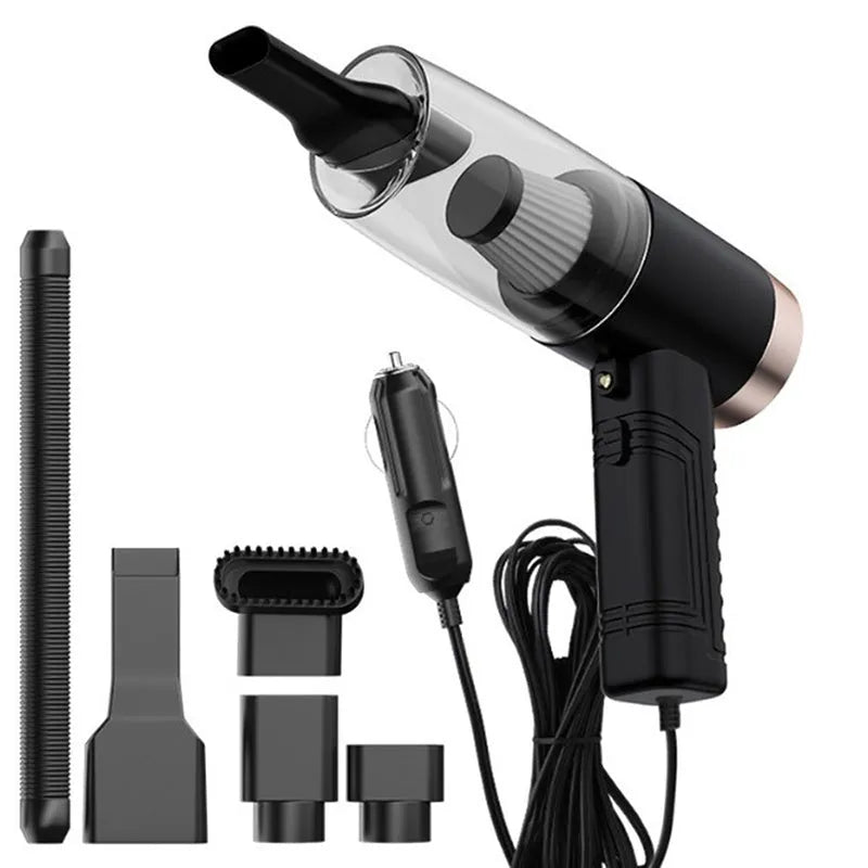 Car vacuum cleaner with black ABS shell and multiple suction attachments displayed with 5 metre power cord