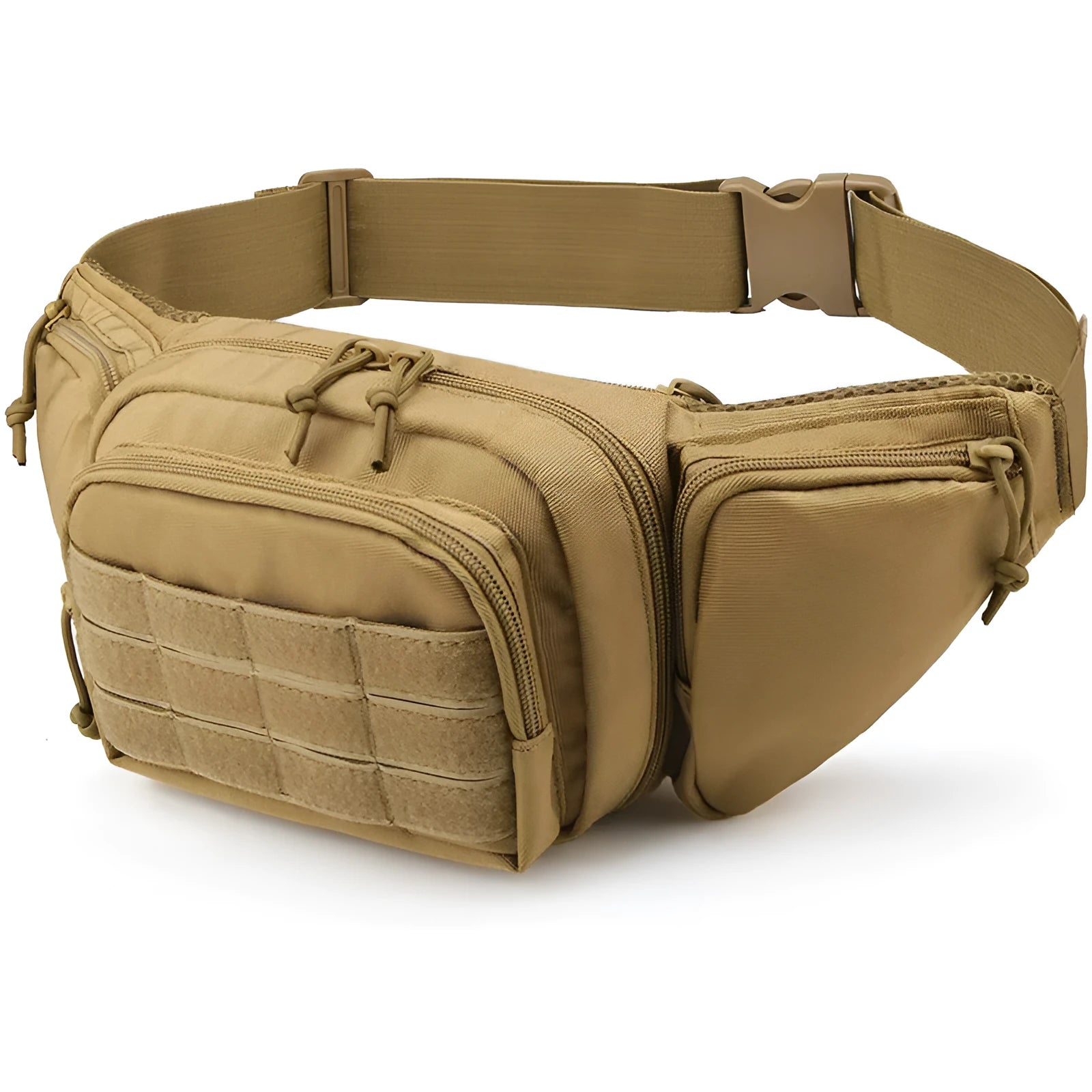 Black tactical waist bag with MOLLE webbing on a mannequin, showing adjustable waist strap and main compartment.