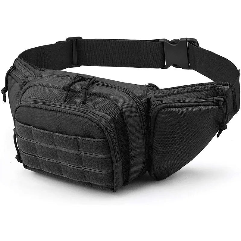 Black tactical waist bag with MOLLE webbing on a mannequin, showing adjustable waist strap and main compartment.