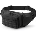 Black tactical waist bag with MOLLE webbing on a mannequin, showing adjustable waist strap and main compartment.