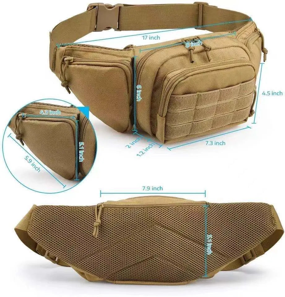 Black tactical waist bag with MOLLE webbing on a mannequin, showing adjustable waist strap and main compartment.