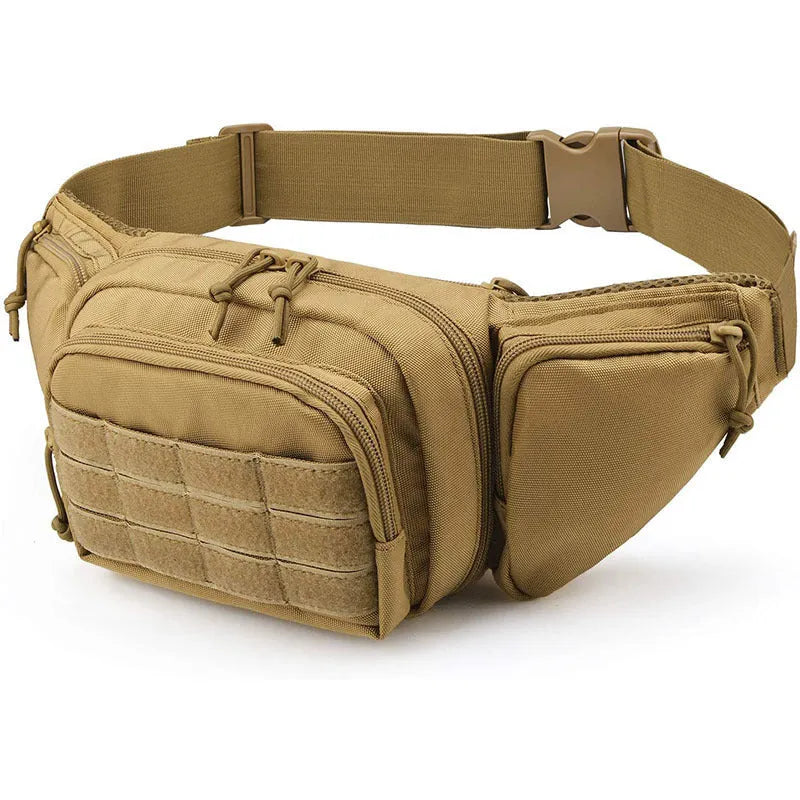 Black tactical waist bag with MOLLE webbing on a mannequin, showing adjustable waist strap and main compartment.