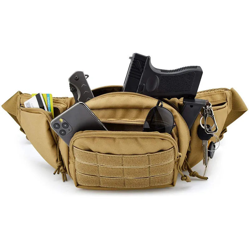 Black tactical waist bag with MOLLE webbing on a mannequin, showing adjustable waist strap and main compartment.