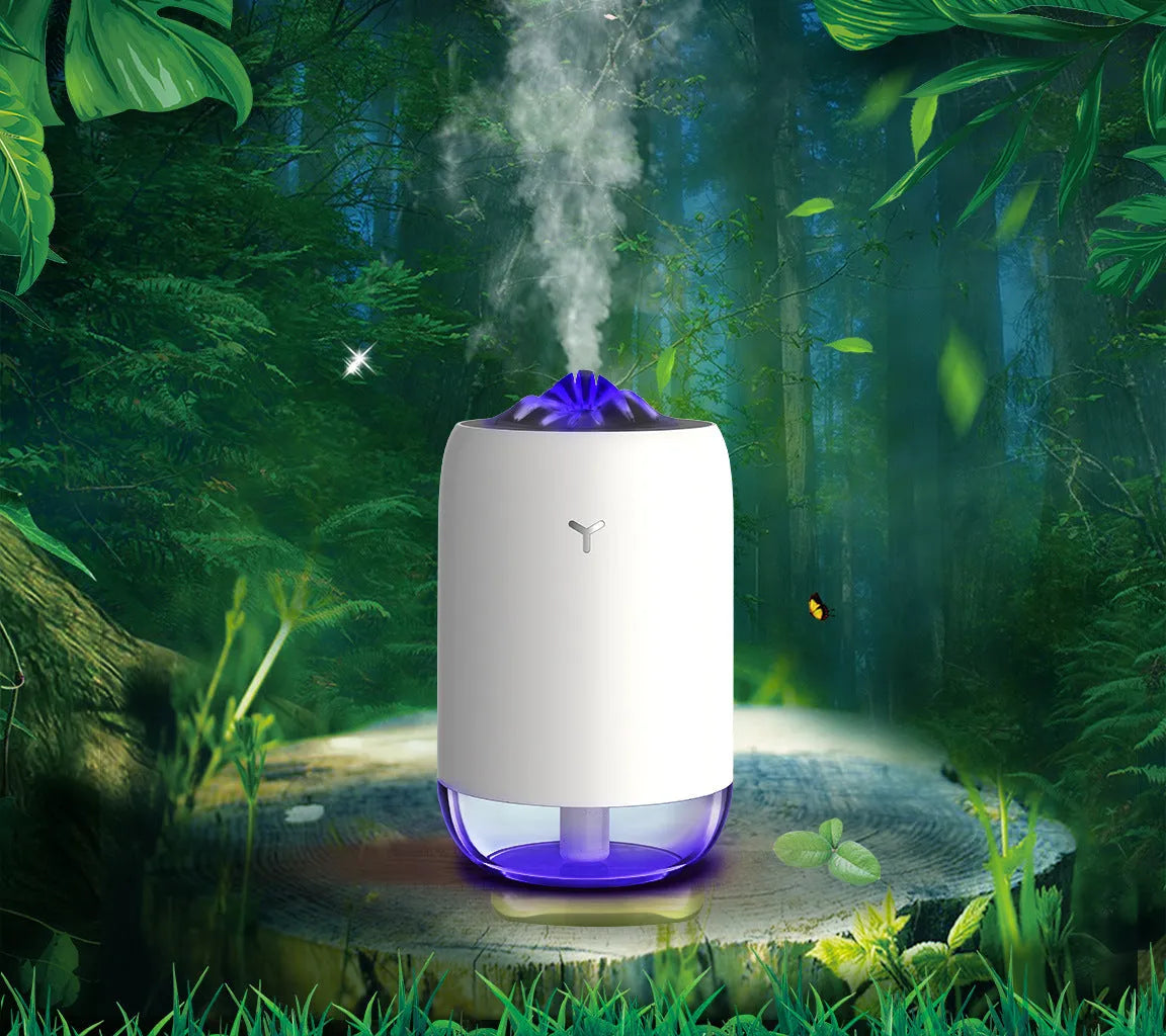 Magic flame ultrasonic humidifier columnar design in white, blue, or pink colours with USB connection
