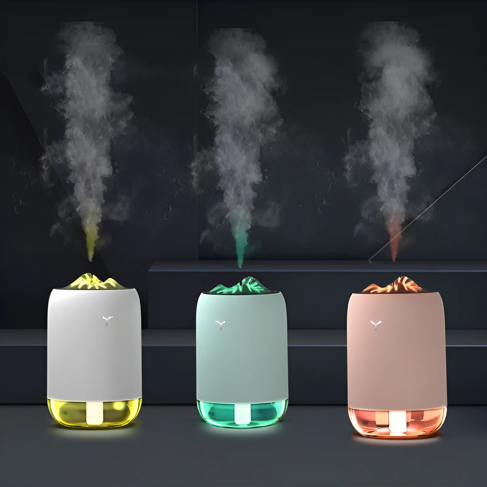 Magic flame ultrasonic humidifier columnar design in white, blue, or pink colours with USB connection